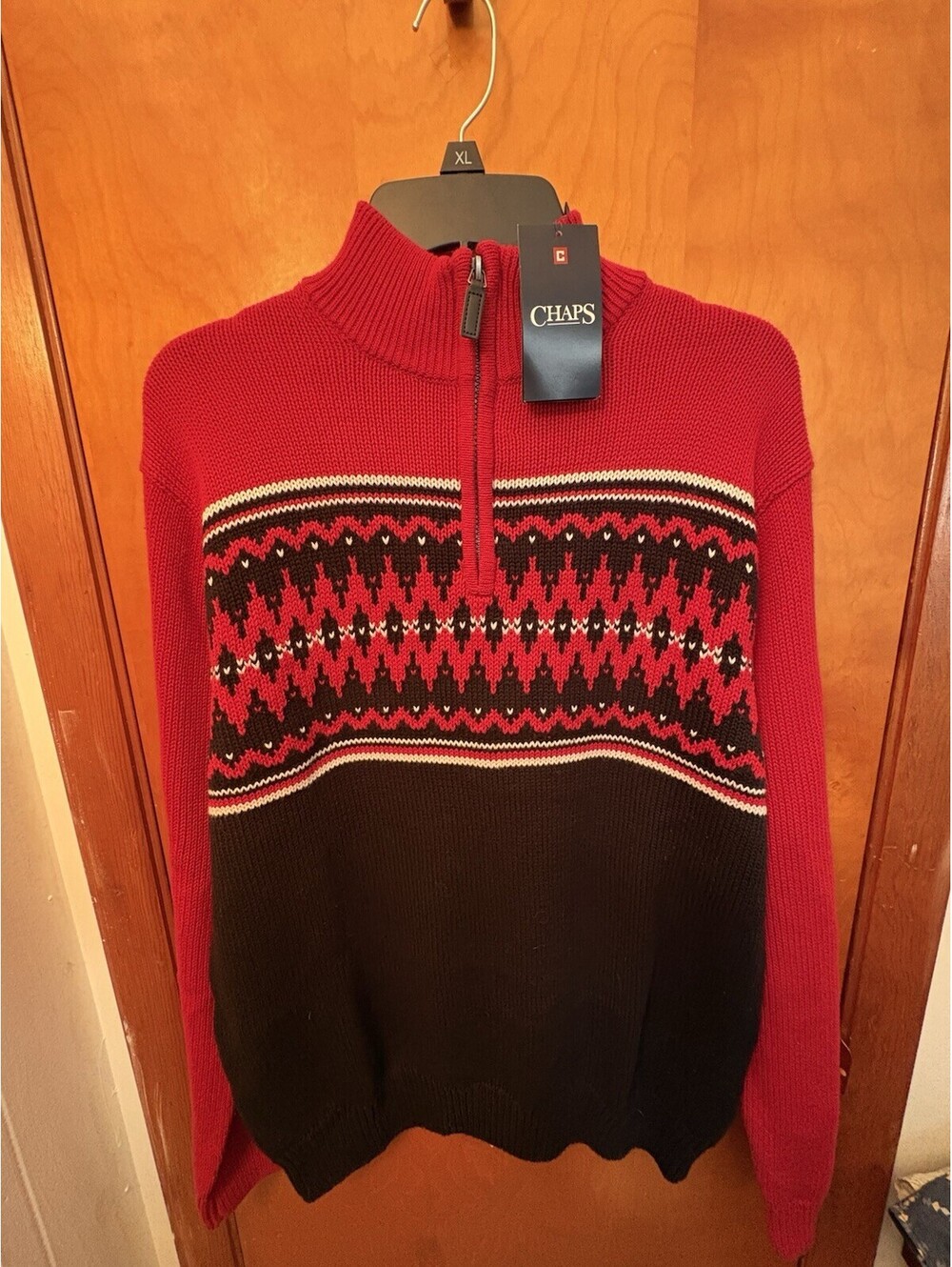NWT Chaps Men’s Fair Isle 1/4 Zip Sweater Size Medium Red Black